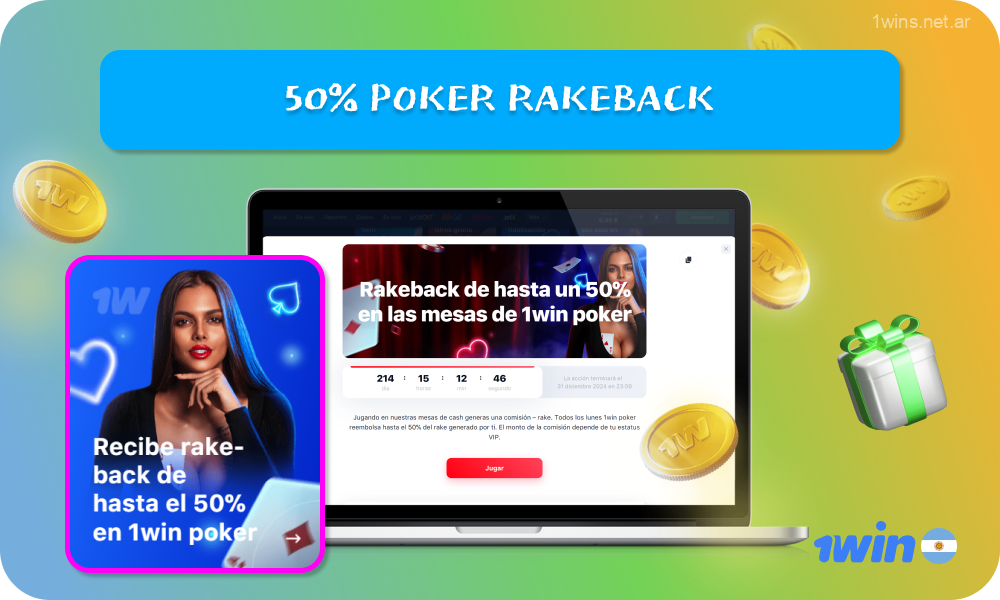 Los jugadores de 1win Casino Argentina pueden beneficiarse de un bono de rakeback que puede llegar hasta el 50%, devolviendo una parte del rake ganado por jugar en las mesas de poker, dependiendo del estatus VIP actual, que se actualiza al jugar