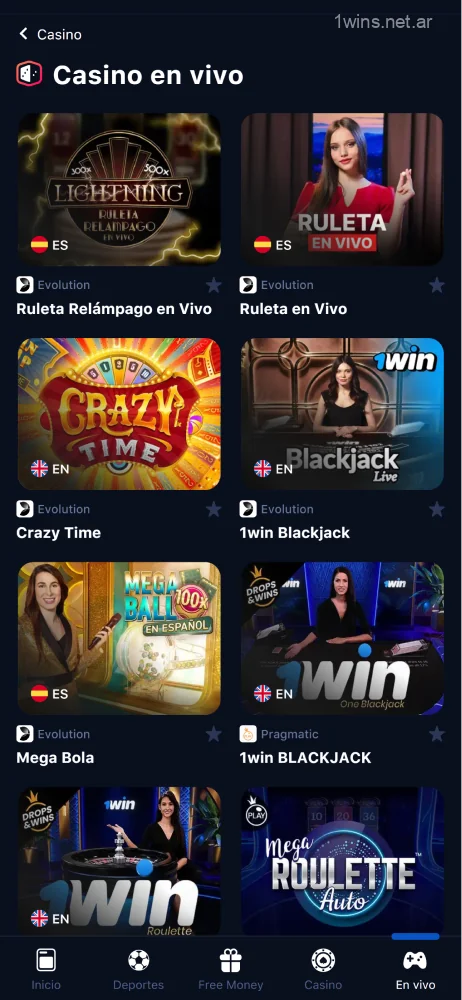 Captura de pantalla de la sección de juegos de casino en vivo en la aplicación móvil de 1win Argentina