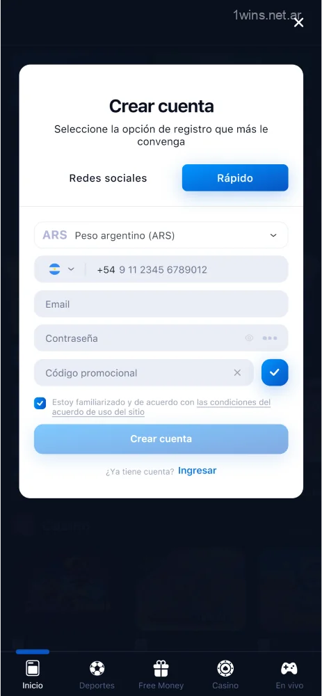 Captura de pantalla de creación de una nueva cuenta en la aplicación móvil 1win Argentina