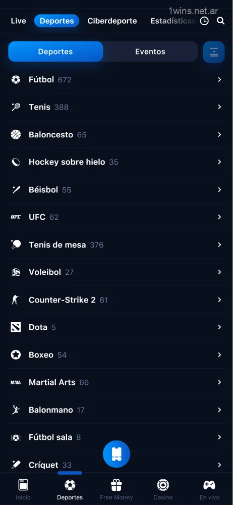 Captura de pantalla de deportes disponibles para apostar en la aplicación móvil 1win Argentina