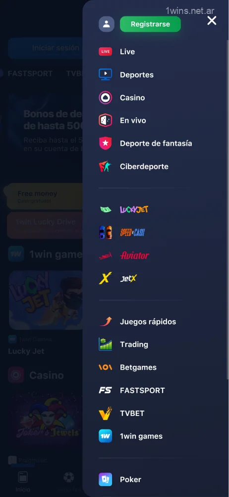Captura de pantalla del menú en la aplicación móvil 1win Argentina