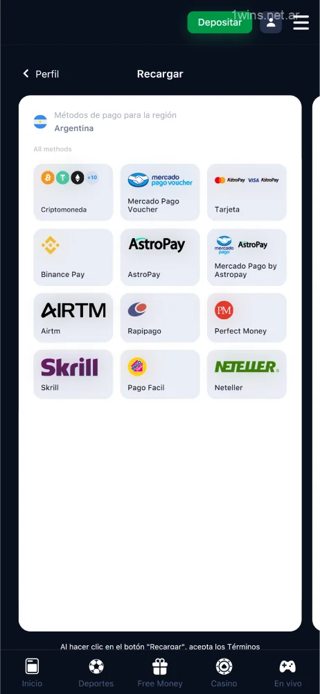 Captura de pantalla de los sistemas de pago para realizar un depósito en la aplicación móvil 1win Argentina