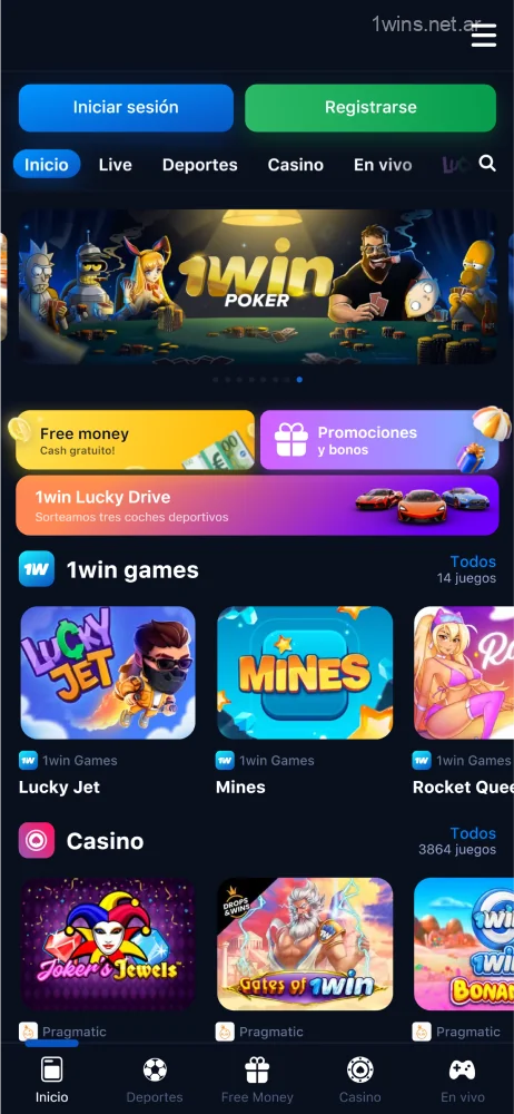 Captura de pantalla de la pantalla principal de la aplicación móvil 1win Argentina