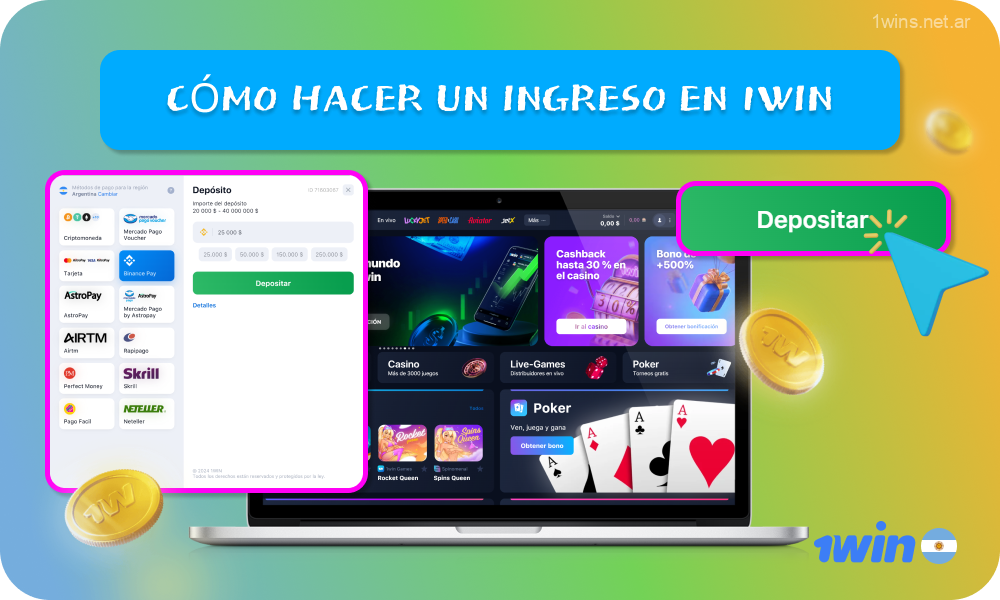 Para realizar un depósito en 1win Argentina sólo tienes que ir a tu perfil, seleccionar la opción de pago, introducir el importe y otros datos, confirmar y esperar a que se acrediten los fondos