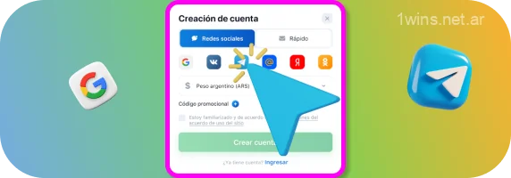 Para registrarte rápidamente en 1win Argentina usando las redes sociales, selecciona una red social en la que tengas una cuenta activa