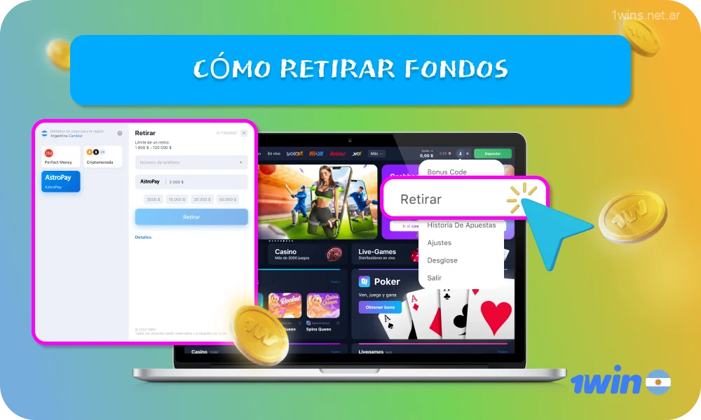 Para retirar fondos de 1win Argentina, sólo tienes que tener un mínimo de 1800 ARS en tu cuenta, después de lo cual tienes que pasar por un sencillo proceso a través de la sección del banco, especificando la cantidad y los detalles necesarios para la transferencia