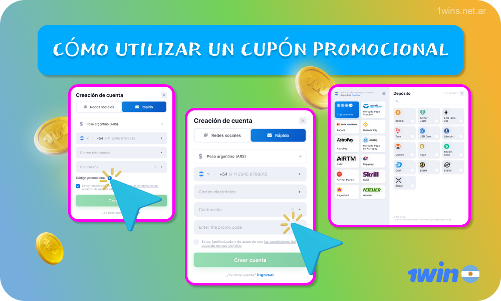 Para recibir un bono usando el código promocional 1win, los argentinos deben ingresar el código promocional y recargar el saldo con el monto especificado