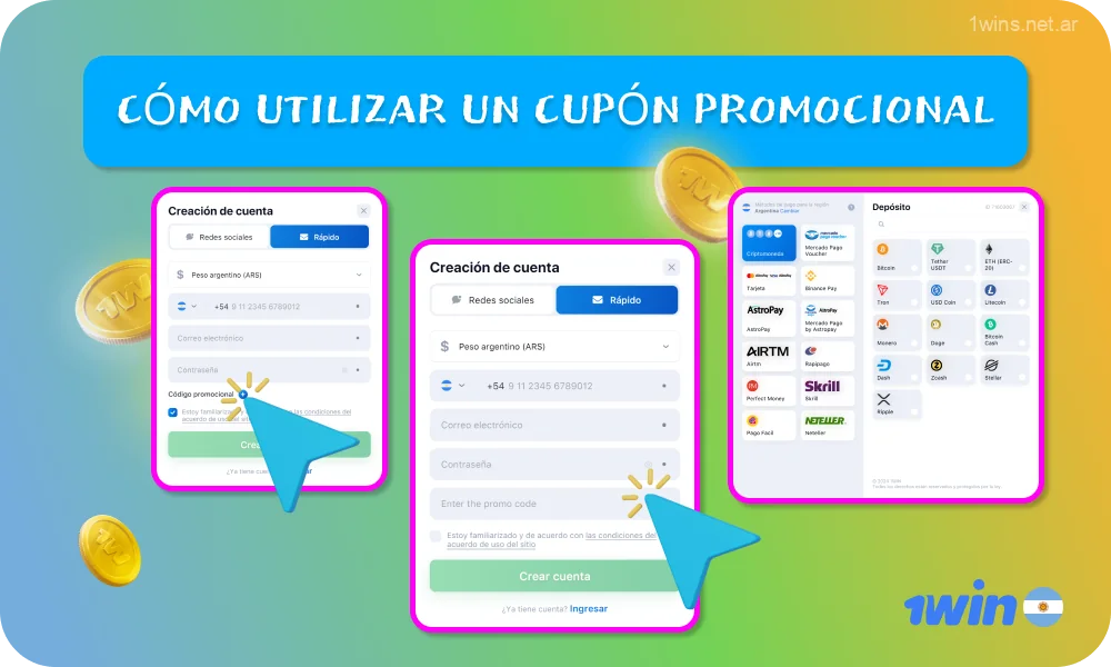 Para recibir un bono usando el código promocional 1win, los argentinos deben ingresar el código promocional y recargar el saldo con el monto especificado