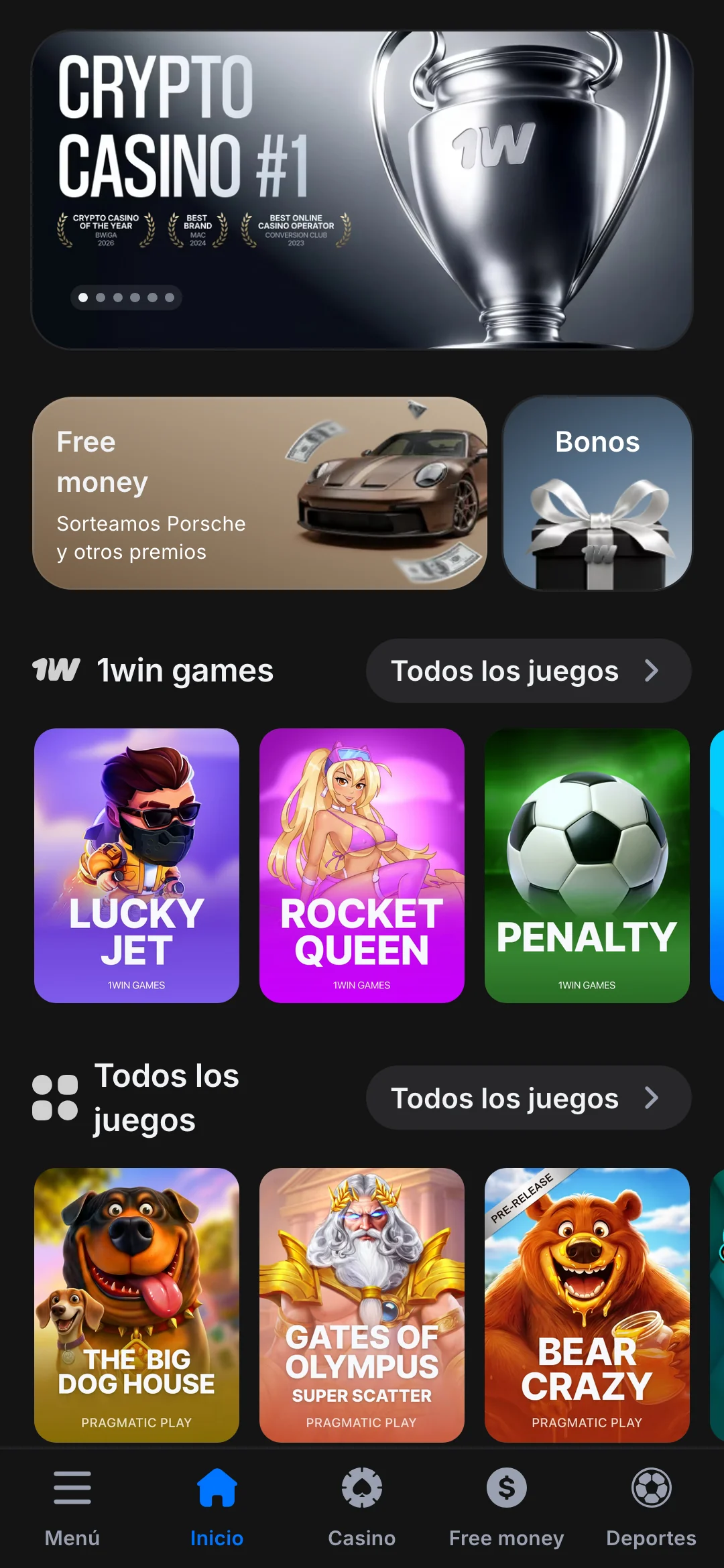 Captura de pantalla de la pantalla principal de la aplicación móvil 1win Argentina