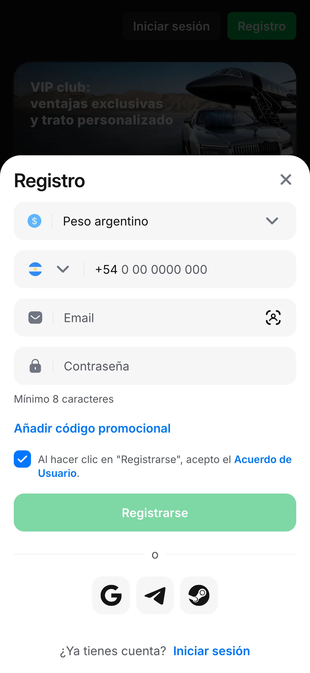 Captura de pantalla de creación de una nueva cuenta en la aplicación móvil 1win Argentina