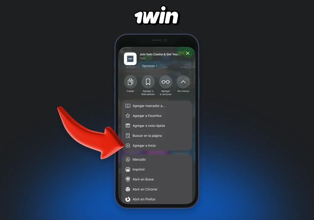 Para descargar la aplicación 1win para iOS, busque el botón Compartir en su navegador