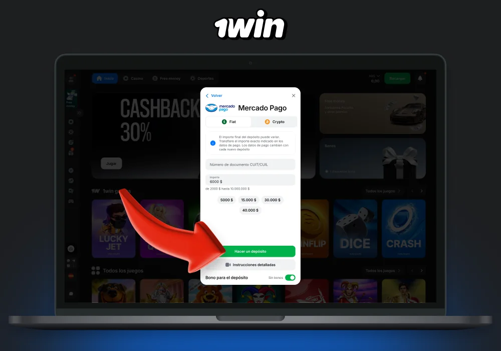 Una vez completado el registro, ingrese fondos en su cuenta a través de la sección Ingresar para empezar a jugar en el sitio web de 1win
