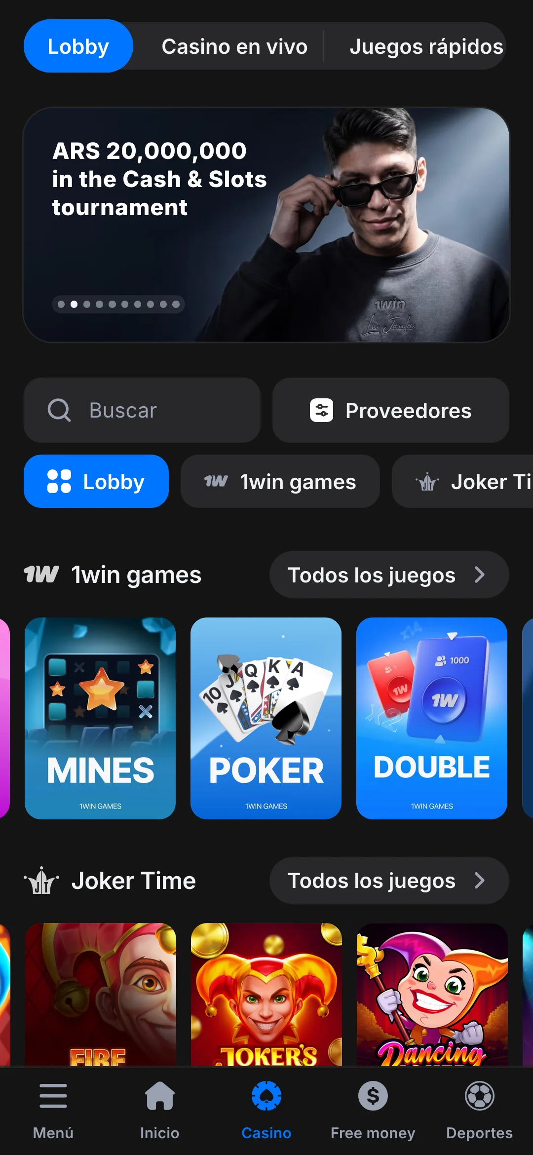 Captura de pantalla de la sección de casinos en la aplicación móvil de 1win Argentina