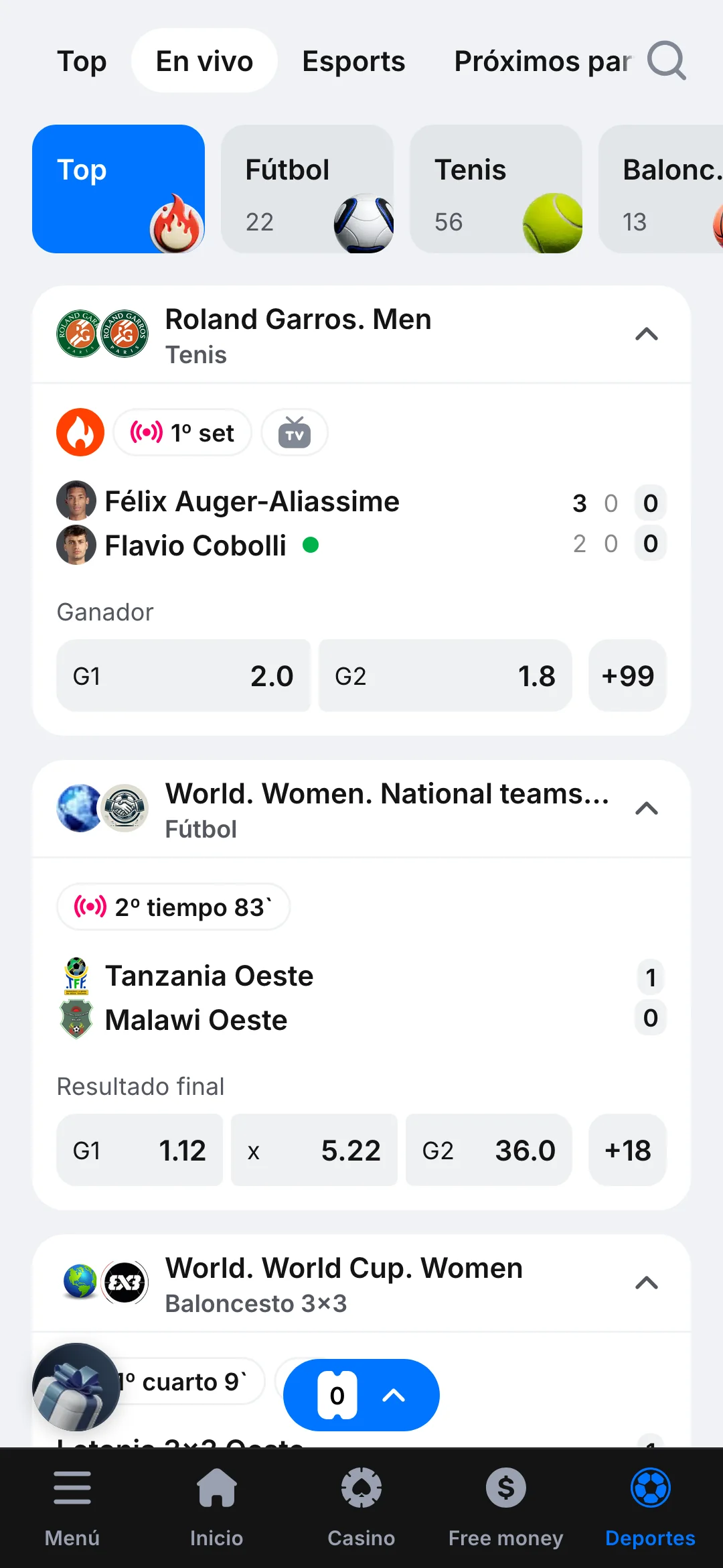 Captura de pantalla de deportes disponibles para apostar en la aplicación móvil 1win Argentina