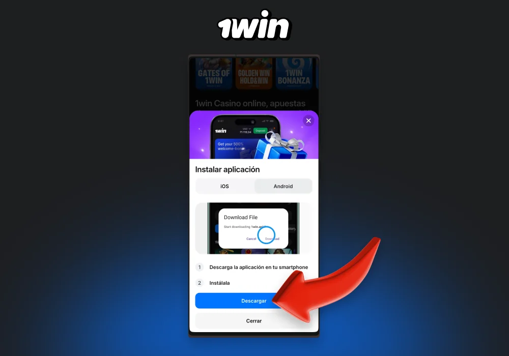 Confirme la descarga de la aplicación 1win en Android haciendo clic en el botón correspondiente