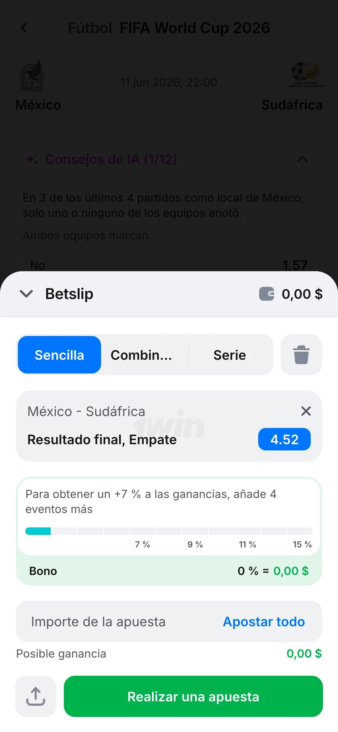 Captura de pantalla de realizar una apuesta deportiva en la aplicación móvil 1win Argentina
