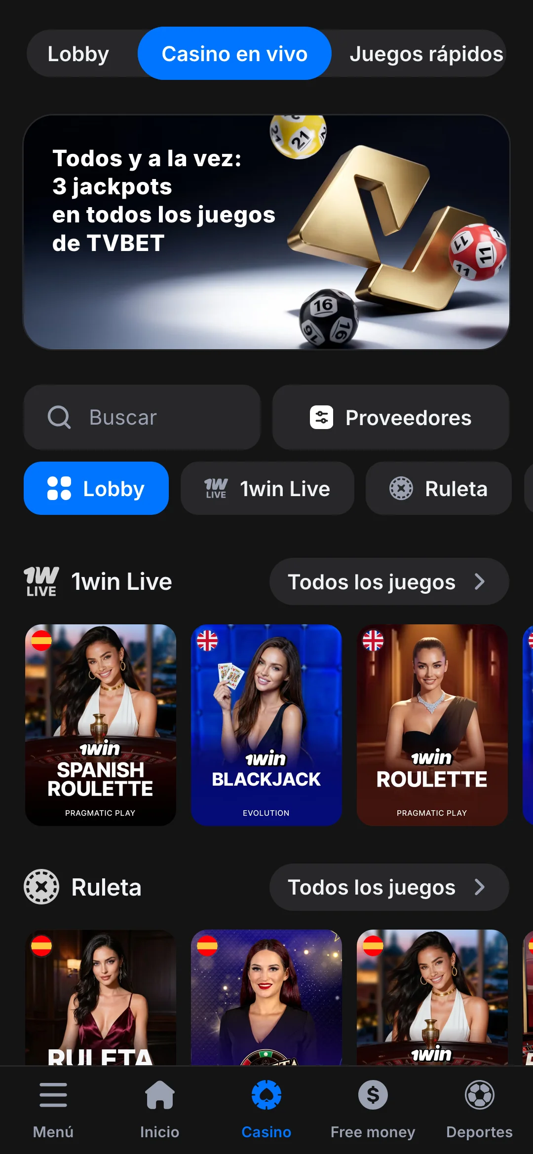 Captura de pantalla de la sección de juegos de casino en vivo en la aplicación móvil de 1win Argentina
