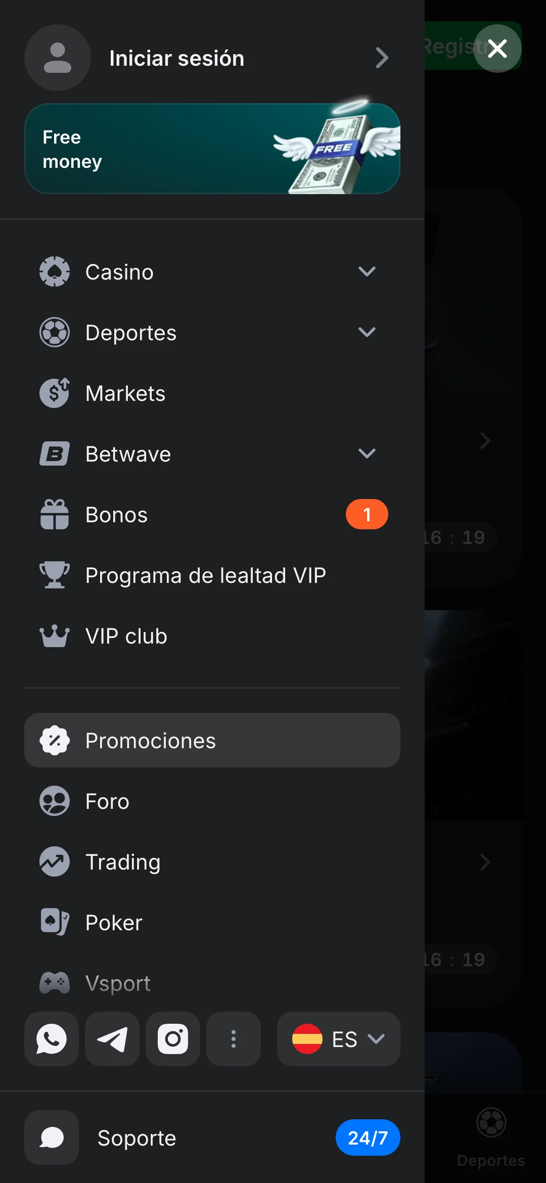 Captura de pantalla del menú en la aplicación móvil 1win Argentina