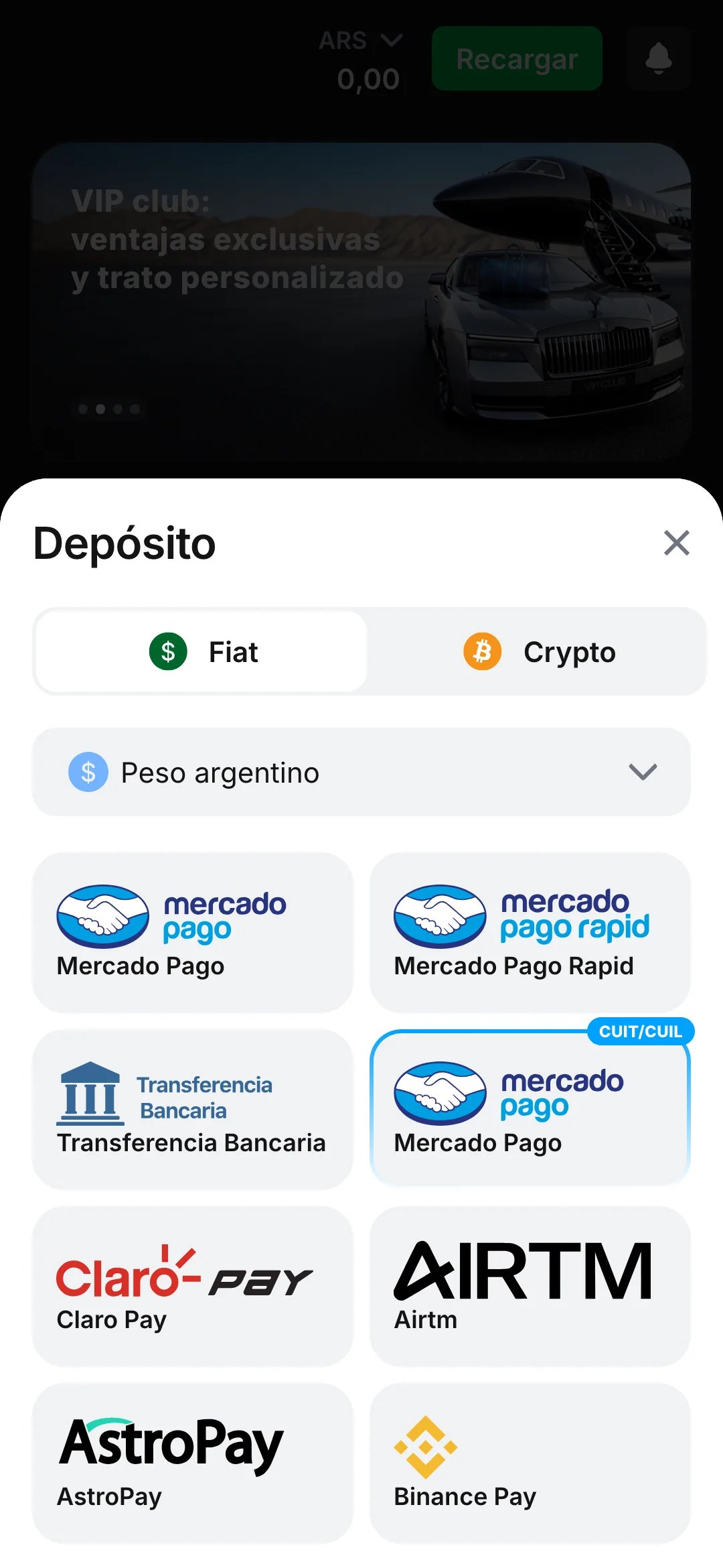 Captura de pantalla de los sistemas de pago para realizar un depósito en la aplicación móvil 1win Argentina