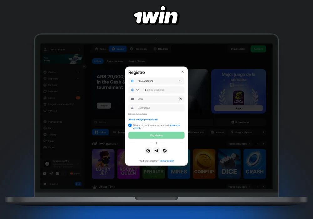 Para registrarse en la página web de 1win en Argentina, visite la página oficial, haga clic en Crear cuenta, elija registro rápido o registro a través de las redes sociales, acepte los términos y condiciones y haga clic en Crear cuenta