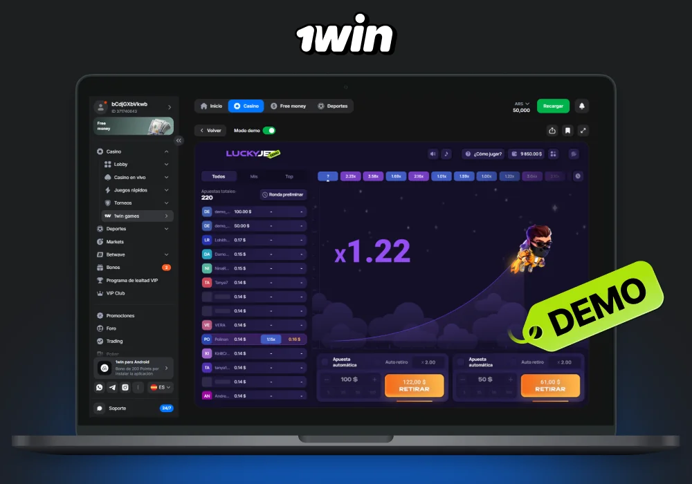 1win Casino en Argentina ofrece una versión demo del juego Lucky Jet para familiarizarse con las reglas y funciones sin riesgo de perder dinero real