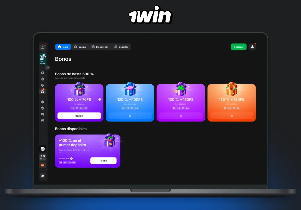 1win ofrece cuatro bonos consecutivos a los nuevos jugadores en Argentina, comenzando con un bono del 200% en el primer depósito hasta ARS 565.000 y terminando con un bono del 50% en el cuarto depósito, que puede totalizar hasta ARS 2.300.000