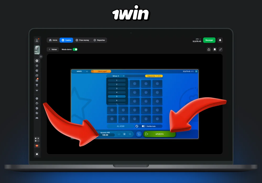 Para comenzar a jugar Mines at 1win, los argentinos necesitarán una cuenta activa y un pequeño depósito, luego de lo cual podrán seleccionar un modo de juego, establecer una apuesta y abrir fichas en la parrilla, apuntando a la máxima ganancia evitando las minas