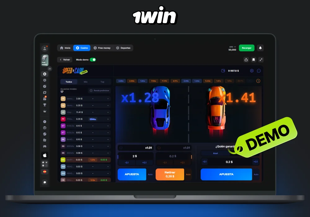 El modo demo de Speed ​​n Cash 1win permite a los argentinos aprender las reglas y estrategias del juego con un riesgo mínimo viendo rondas, estadísticas de apuestas y estudiando las reglas, luego de lo cual pueden realizar un depósito y comenzar a jugar