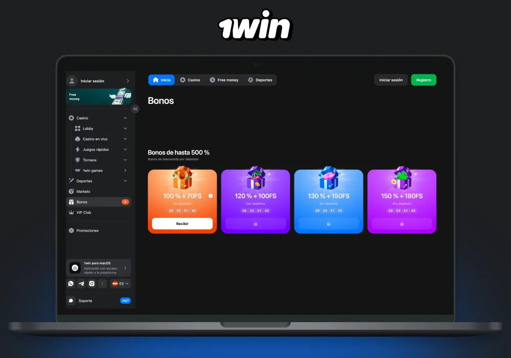 1win Argentina ofrece a los jugadores un paquete de bienvenida al casino con bonificaciones de hasta el 500%, incluyendo cuatro recompensas consecutivas en los cuatro primeros depósitos, lo que permite a los jugadores recibir hasta ARS 2.300.000 en fondos adicionales para jugar
